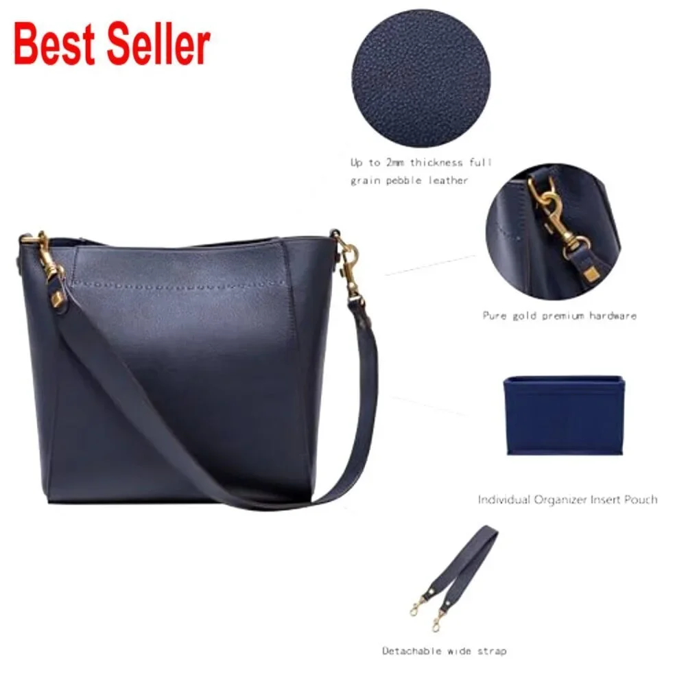 Genuine Leather Bucket Hobo Bag with Detachable Wide Strap
